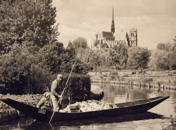 Hortillons avec une barque à cornets, les Hortillonnages et la cathédrale en arrière-plan © Archives municipales et communautaires d'Amiens