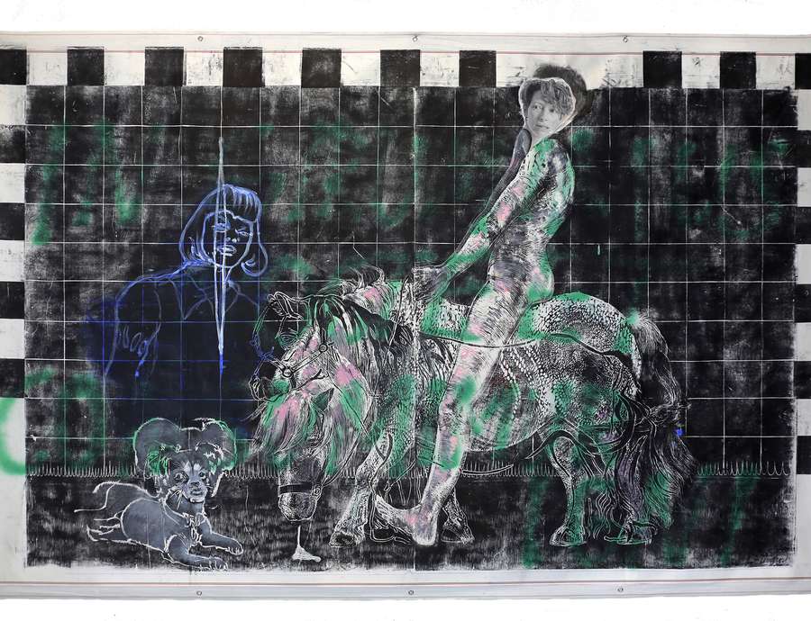 Tereza Lochmann (Prague, 1990), Lady Godiva on her poney 2 (estampe), 2019, transfert et acrylique sur tissu, Courtesy Galerie Kaléidoscope / Collection de l’artiste © Tereza Lochmann © ADAGP, Paris 2024 © Musée de Picardie
