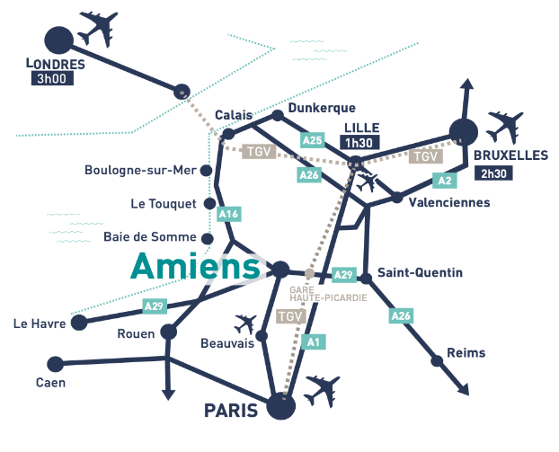 Carte présentant les différents accès vers Amiens